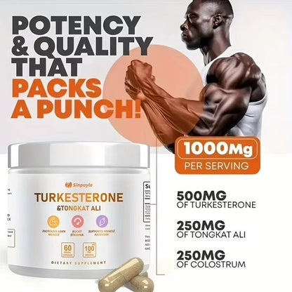 Turkesterone & Tongkat Ali Supplement , 60 Vegan Capsules, Lean Muscle Growth, Stamina Boost & Muscle Recovery