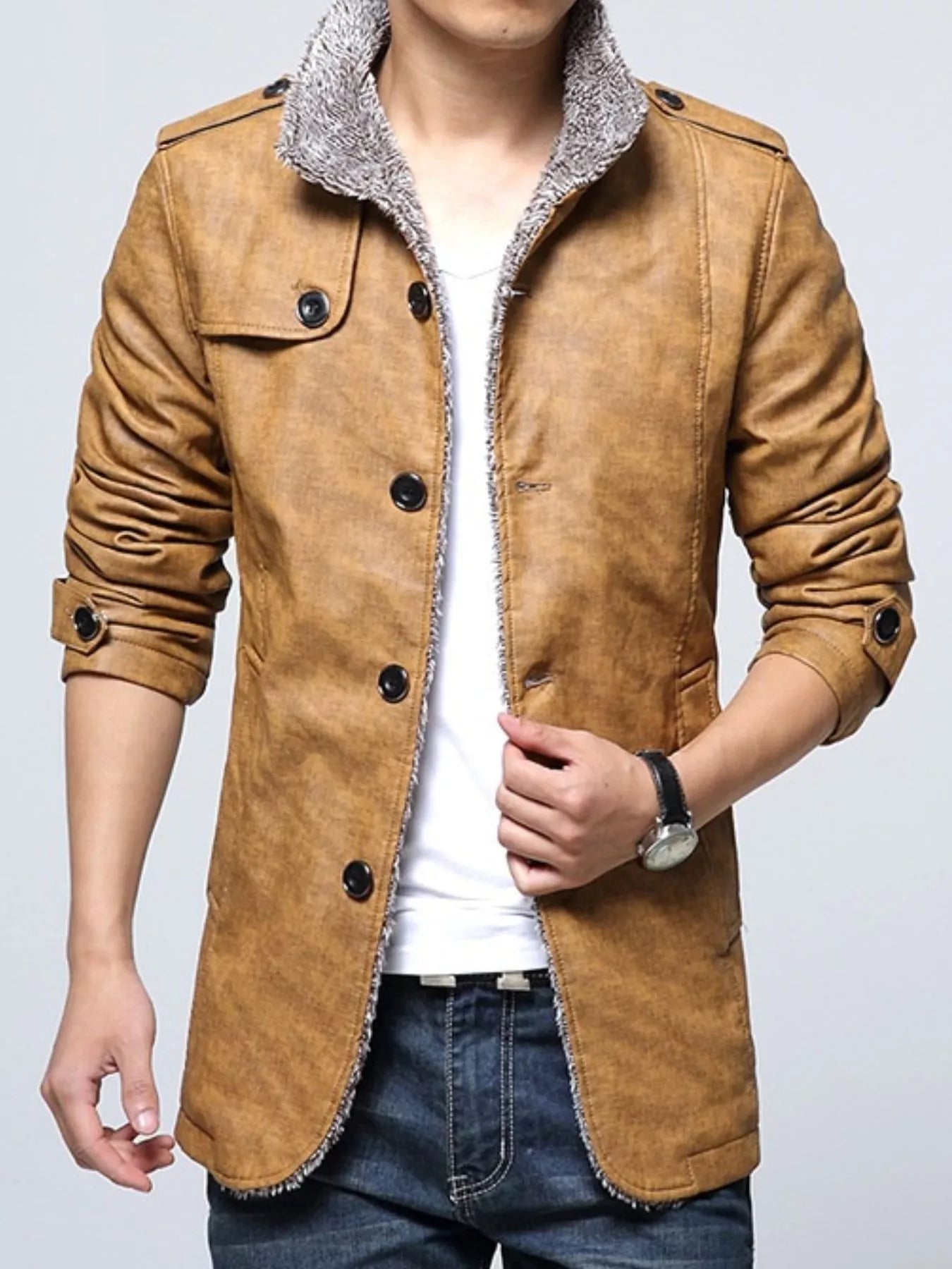 Men's Plus Size Button Up Fleece Lined Coat