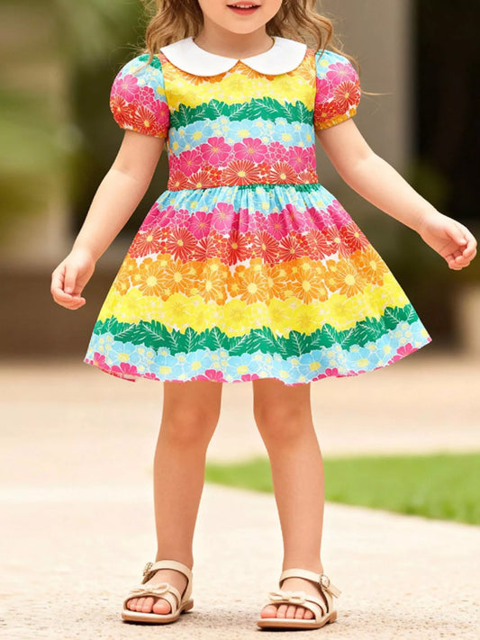 Children's Rainbow Floral Print Peter Pan Collar Dress
