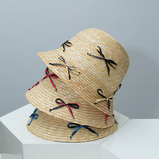 Bowknot Decor Straw Bucket Hat