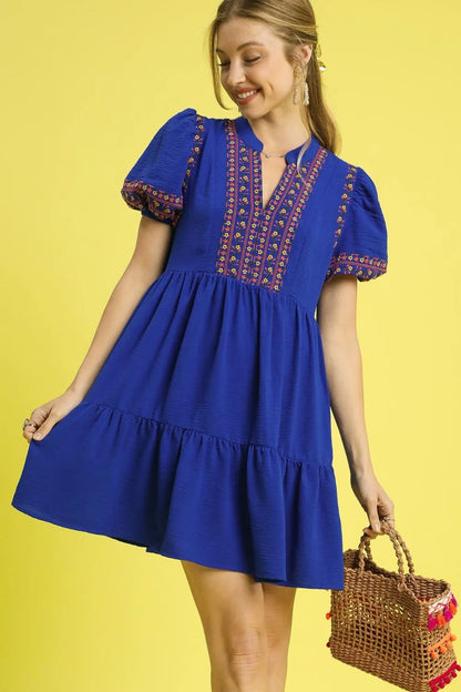 Umgee Floral Trim Puff Sleeve Mini Dress