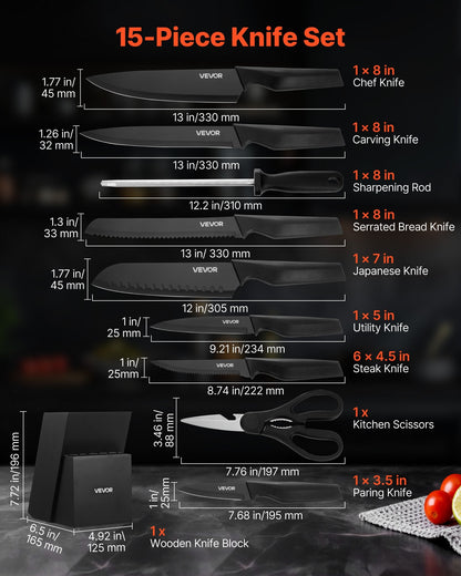 Kitchen Knife Set With Block And Sharpener, 15 Piece German High Carbon Stainless Steel Knife Set, Kitchen Cutlery With PP Ergonomic Handle, Sharpening Rod And Wooden Block, For Home Cooks