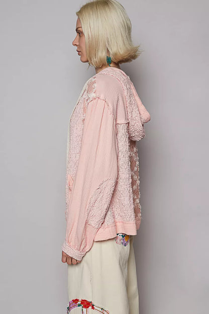 POL Exposed Seam Button Down Hooded Jacket with Lace Detail