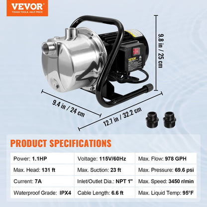 VEVOR Shallow Well Portable Garden Water Jet1.1HP 978 GPH 131 Ft Head