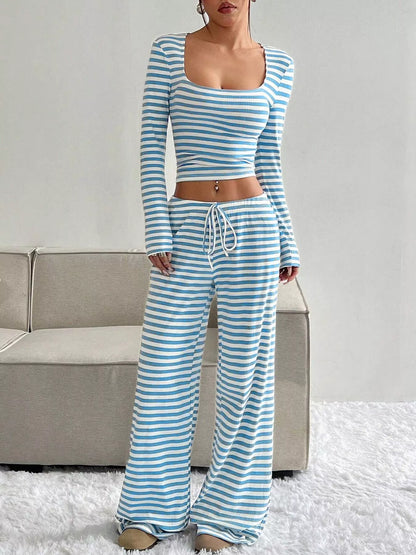 Striped Long Sleeve Crop Top & Wide Leg Pants Set