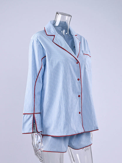 Striped Contrast Trim Top and Shorts Lounge Set