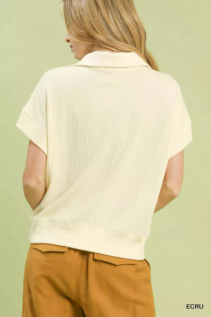 Umgee Textured Striped Zip Collar Knit Top