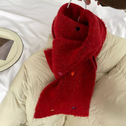 Heart-Embellished Fuzzy Knit Scarf