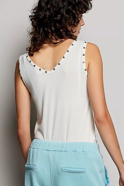 POL Studded Trim Button-Front Ruffle Detail Tank