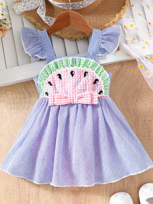 Children's Striped Watermelon Ruffle Sleeve Dress