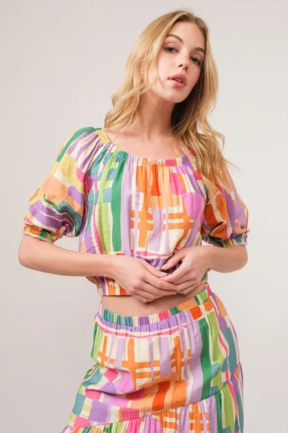 And The Why Puff Sleeve Elastic Edges Geo Printed Crop Top