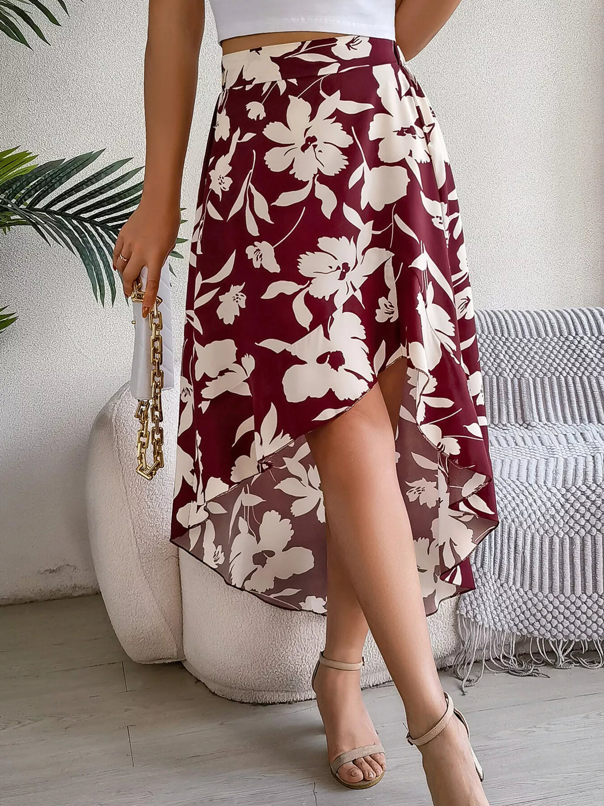 Floral Print Ruffle Hem Asymmetrical Skirt