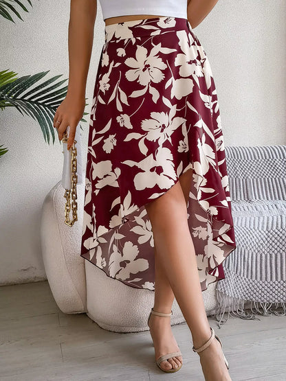 Floral Print Ruffle Hem Asymmetrical Skirt