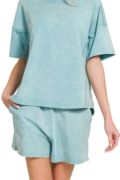 Zenana Acid Washed Short Sleeve Tee & Shorts Set