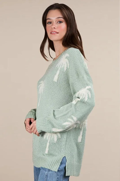 VERY J Palm Tree Graphic Oversized Knit Sweater