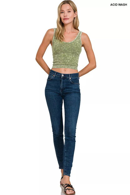 Zenana Washed Ribbed Seamless Cropped V-neck Tank Top