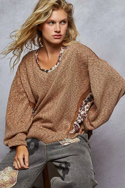 POL Balloon Sleeve Oversized Ribbed Top with Floral Pattern Contrast