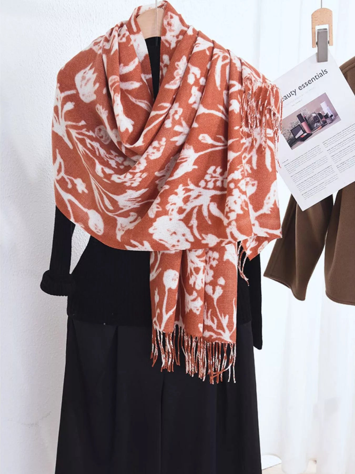 Floral Print Scarf with Fringe Detail