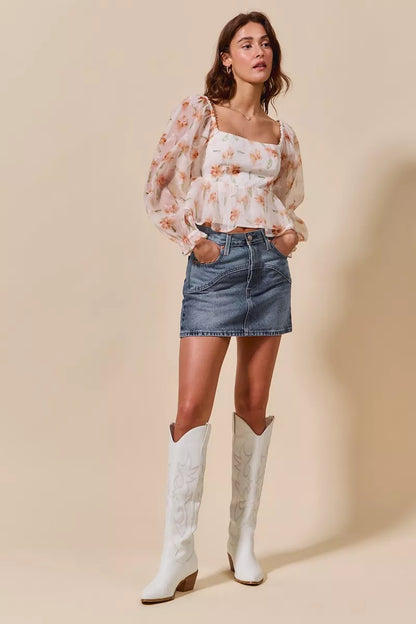 SO ME Washed Denim Mini Skirt with Pockets