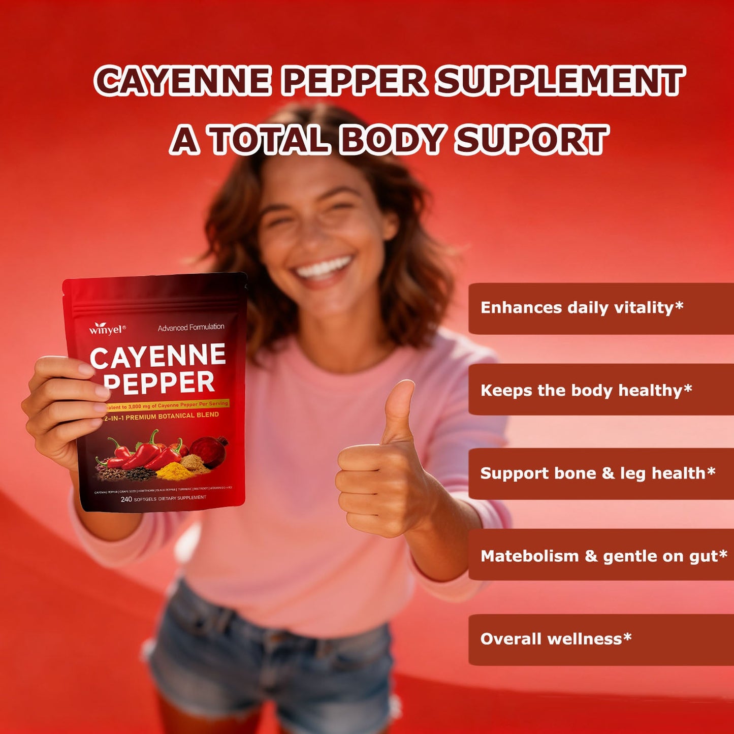 Chili Pepper Softgel Supplement To Support Leg Vein, Heart, And Vascular Health. Contains Vitamins C, D3, And K2, As Well As Extracts Of Grape Seed, Hawthorn, Cinnamon, And Beetroot 240 Softgels