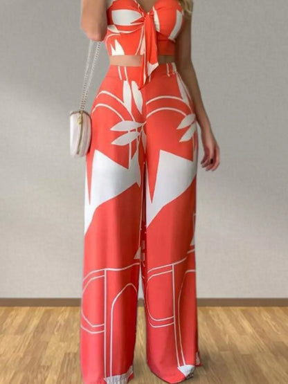 Tropical Print Spaghetti Strap Crop Top and Wide Leg Pants Set