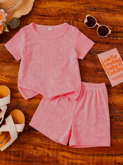 Children's Casual Ribbed Knit Tee and Shorts Two-Piece Set
