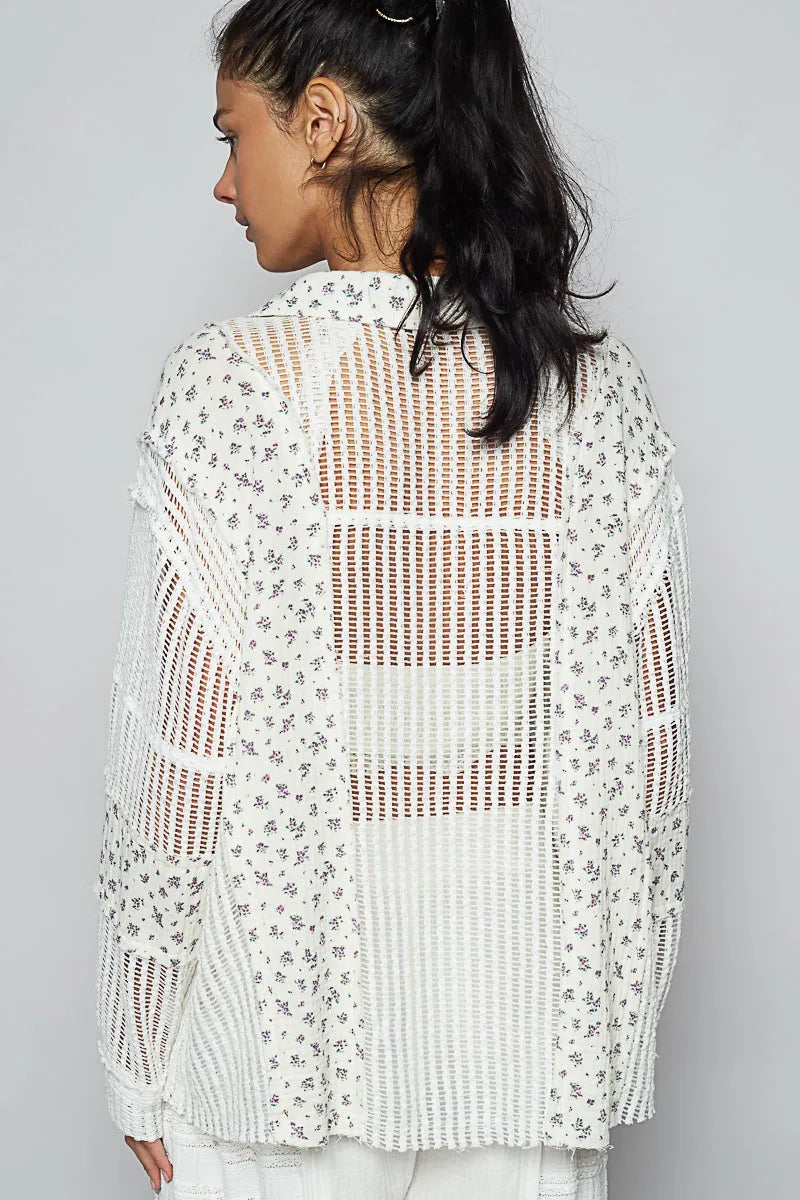 POL Floral Crochet Patchwork Long Sleeve Shirt