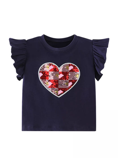 Children's Heart Sequin Ruffle Sleeve T-Shirt