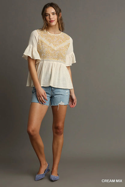Umgee Floral Lace Trimmed Detail Half Sleeve Babydoll Top