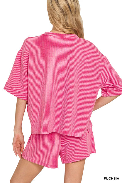 Zenana Raised Rib Short Sleeve Tee and Drawstring Shorts Set