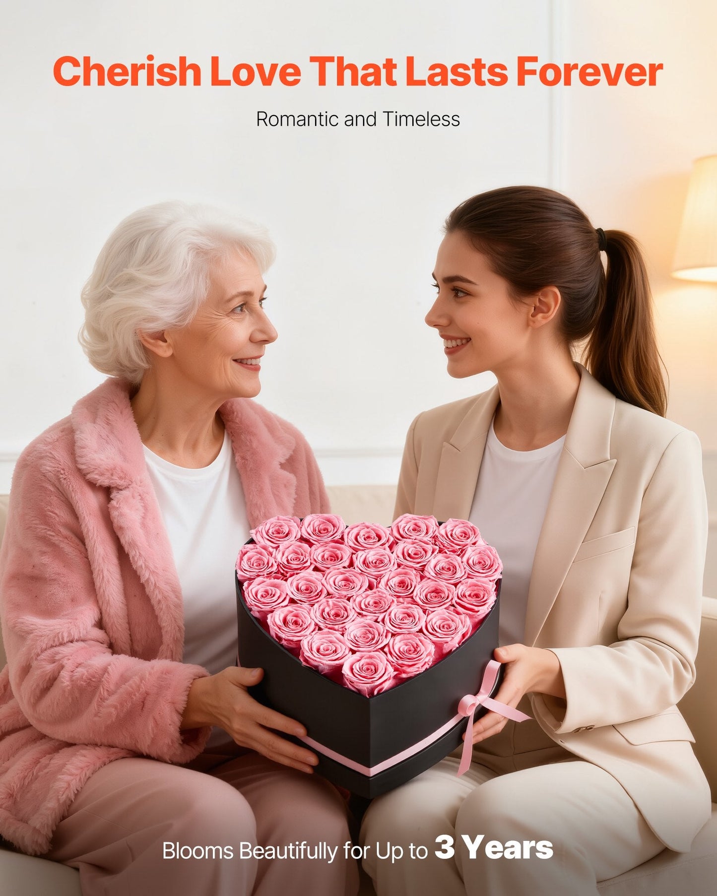 Forever Flowers, 27 Preserved Roses In A Heart Shape Box, Eternal Flowers Immortal Bouquet Birthday Present For Women Her Wife Mothers, Anniversary, Valentine's Day,Christmas, Pink