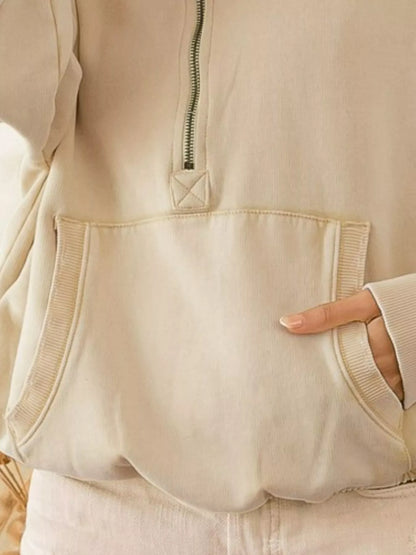 BiBi Stitch Detailed Elastic Hem Half Zip Fleece Hoodie