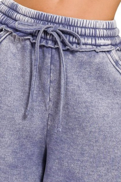 Zenana Acid Wash Fleece Drawstring Shorts With Pockets