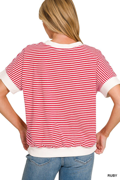 Zenana Stripe Contrast Trim Banded Bottom Top