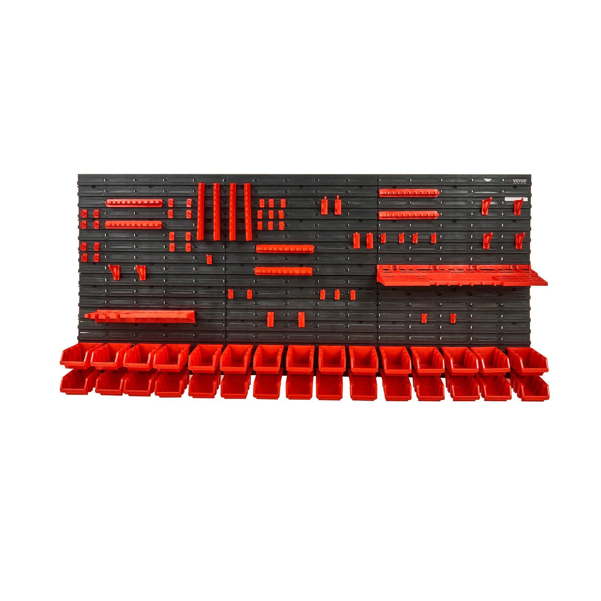 VEVOR Wall Mounted Storage Bins, 30-Bin Parts Rack Organizer Garage Plastic Shop Tool With Wall Panels Tool Holders Hooks, Tool Organizer For Nuts, Bolts, Screws, Nails, Beads, Buttons, Black And Red