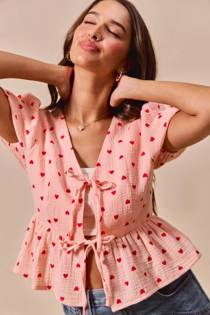 SO ME All Over Heart Ribbon Tie Baby Doll Valentine Blouse