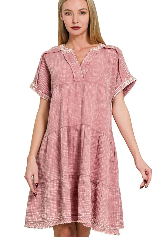 Zenana Washed Double Gauze Raw Edge V-Neck Dress