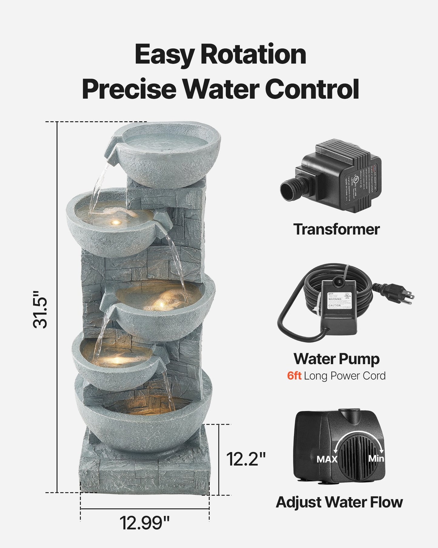 Outdoor Water Fountain 5-Tier Bowl-Shaped Cascading 31.5 In Fountains