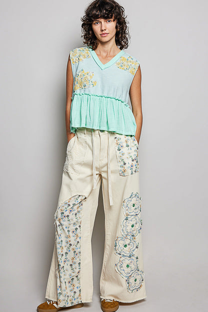 POL Floral Patch Ruffled Sleeveless Top with Raw Edge Detail