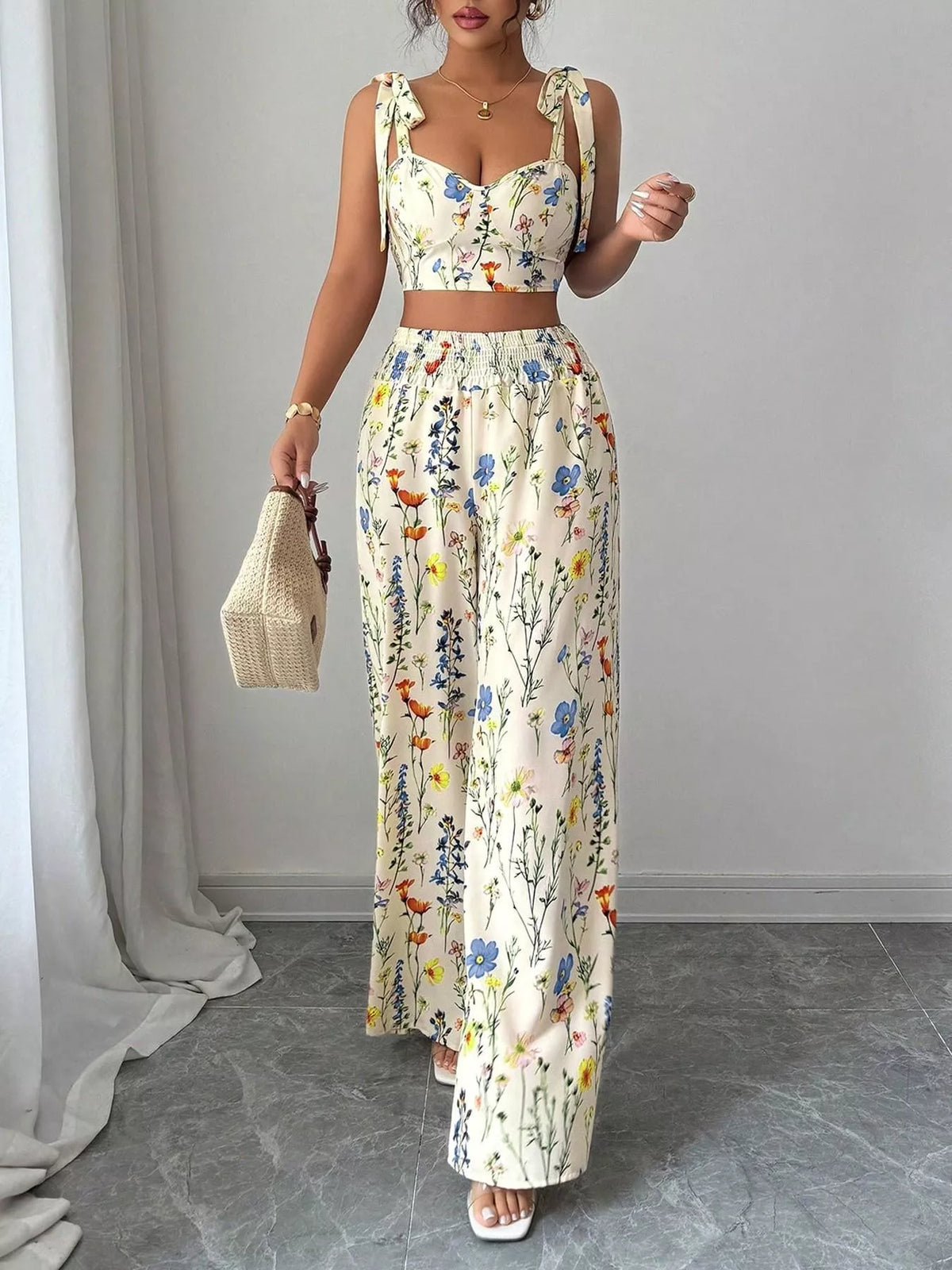 Floral Print Tie-Shoulder Crop Top & Wide Leg Pants Set