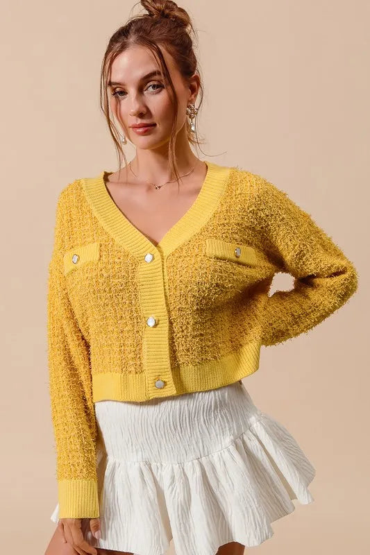 SO ME Frayed Tweed Knit Buttoned Front Cardigan