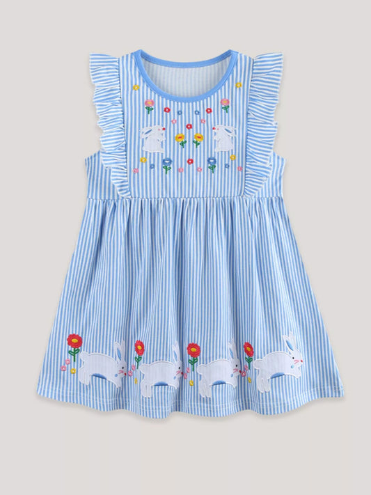 Children's Striped Bunny Embroidered Ruffle Sleeve Dress