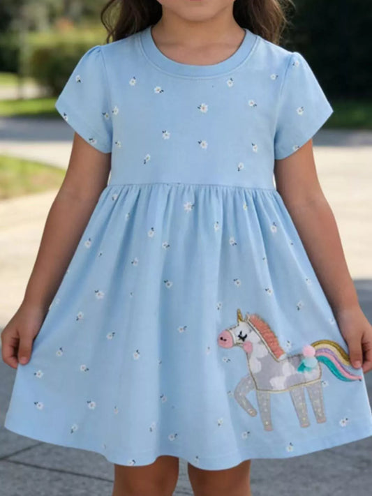 Children's Floral Unicorn Round Neck Dress