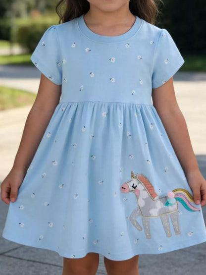 Children's Floral Unicorn Round Neck Dress