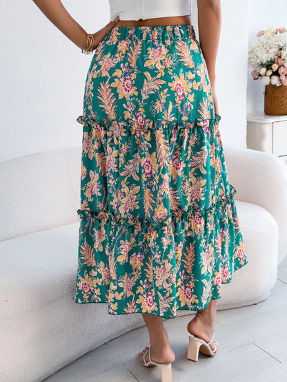 Floral Print Ruffle Hem Flowy Midi Skirt