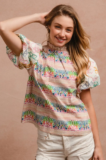 BiBi Ruffle Neckline Blouse With Embroidery Bubble Sleeve