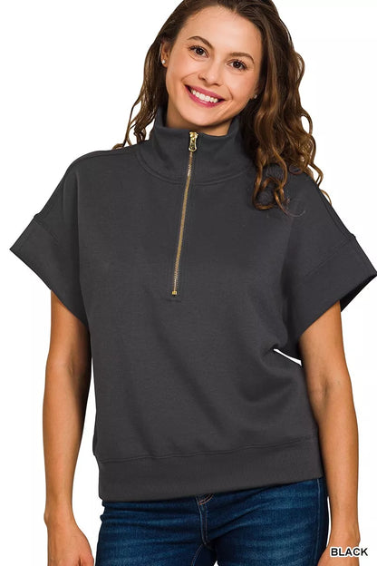 Zenana Full Size Scuba High Neck Half Zip Short Sleeve Top Plus Size