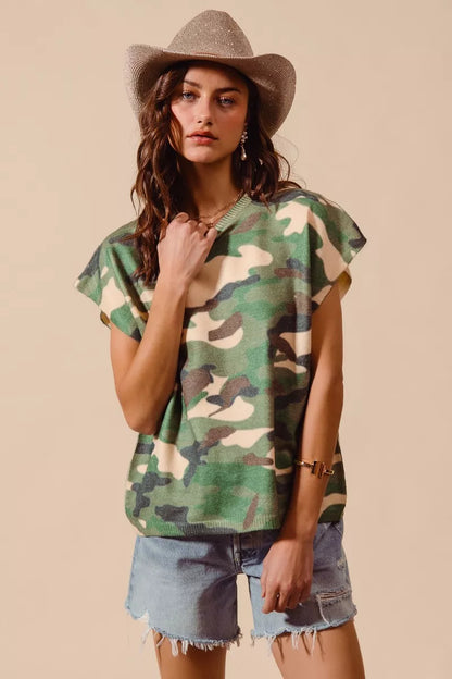 SO ME Camouflage Print Dolman Soft Sweater Top