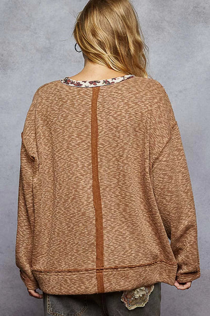 POL Balloon Sleeve Oversized Ribbed Top with Floral Pattern Contrast