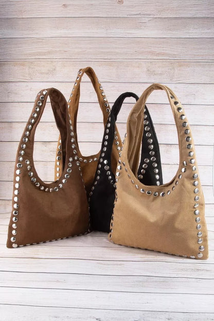 Fame Grommet Border Studded Suede Shoulder Bag